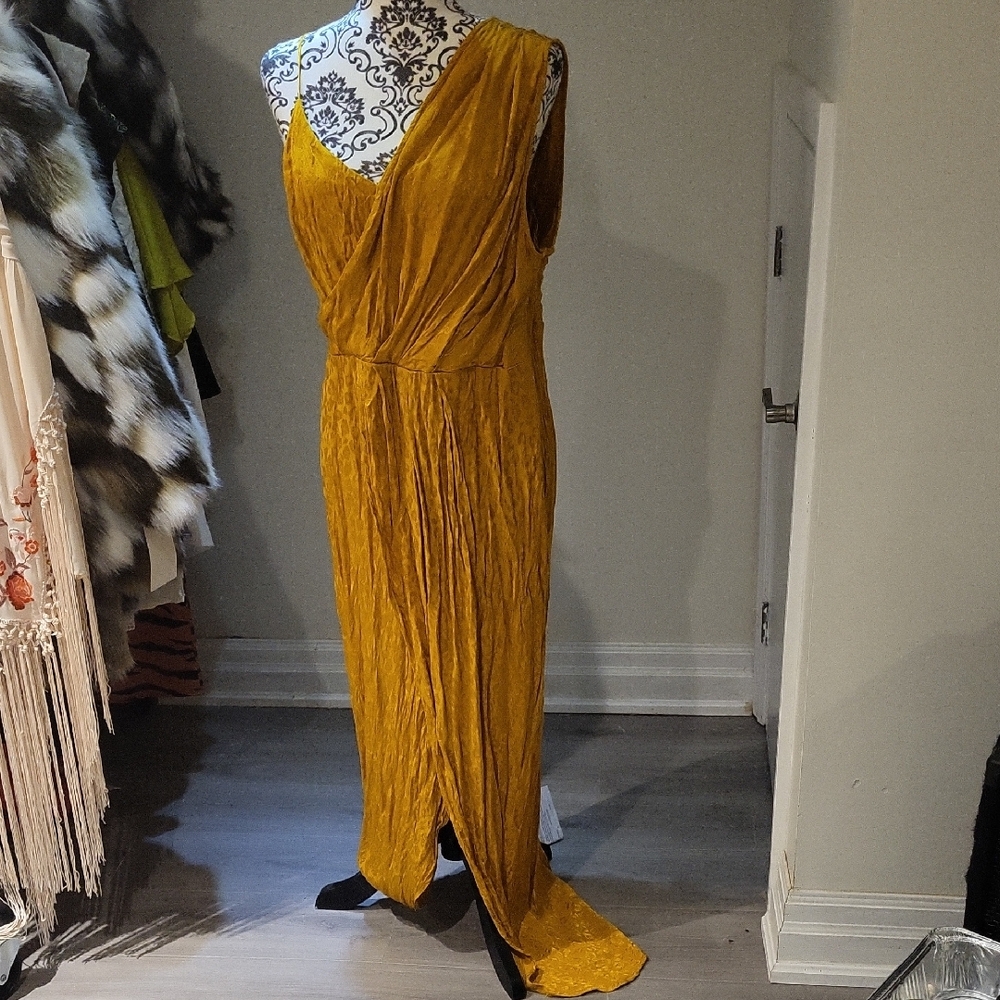 ASOS Golden Yellow Jacquard Ruched Gown with Asymetrical Split